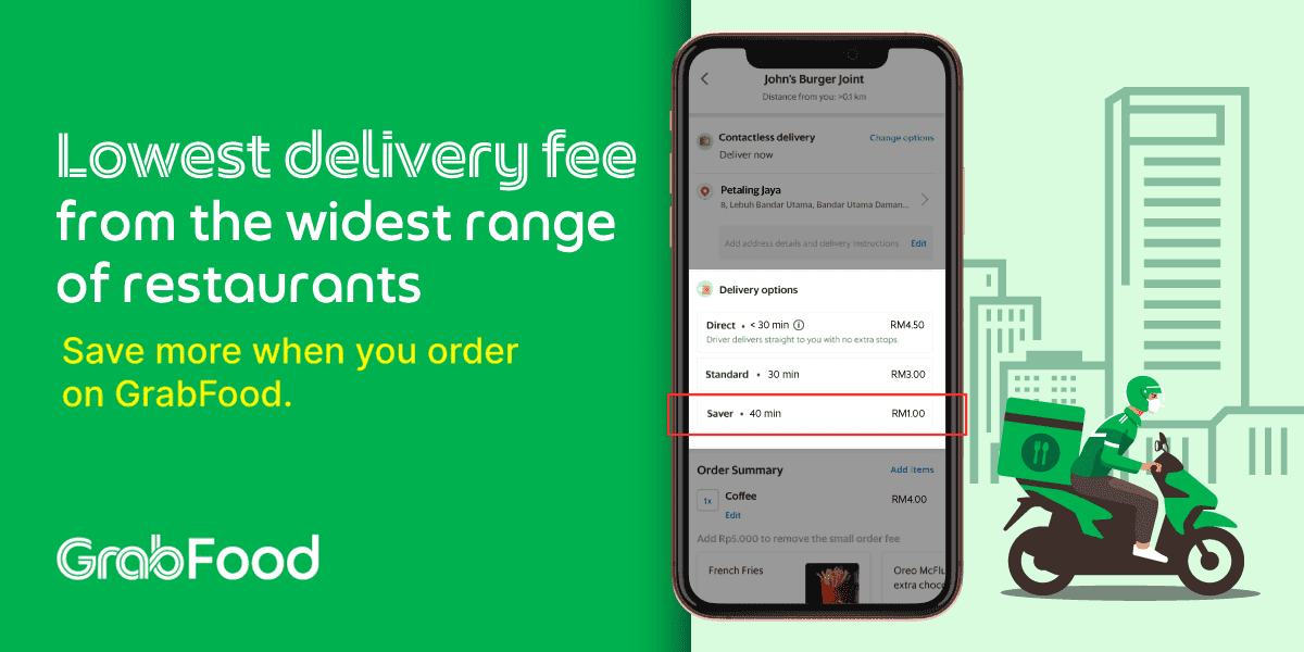 GrabFood telah memperkenalkan layanan Penghantaran Jimat, yang menawarkan caj penghantaran terendah dari pelbagai restoran.